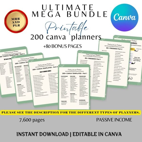All-in-One Digital Planner & Printable Bundle – 7600+ PLR Pages, 200 Canva Templates, MRR Included